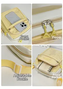 Detail view of yellow clear ita bag showing transparent pocket and adjustable strap