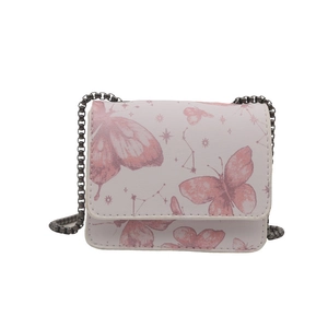 Sac bandoulière rose et blanc avec imprimé papillon et chaîne grise pour femme