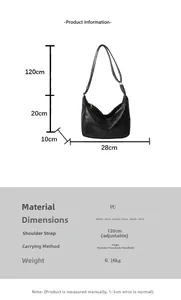 Detailansicht der schwarzen PU-Ledertasche mit verstellbarem Riemen und Maßangaben