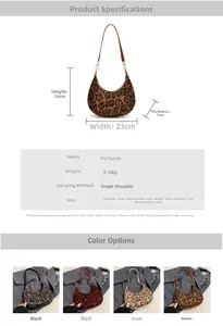 Detailed technical chart showing leopard print hobo bag dimensions and color options