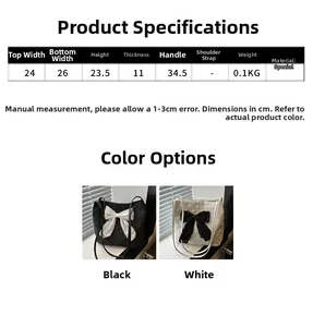 Detailed size chart showing dimensions and specifications for the bow tote bag