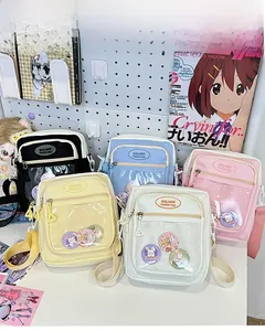 Detailed view of the clear PVC window and cute rabbit badges on five colorful Ita-bags