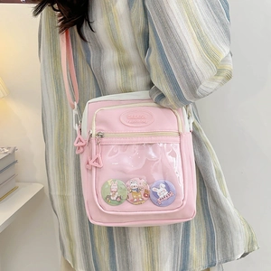 Women Nylon Ita Bag Transparent Window Crossbody Shoulder Bag With Cartoon Badges Japanese Style Small Square Student Messenger Bag
