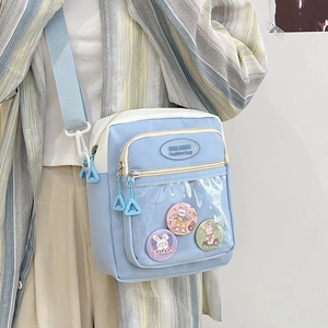 Blue and white clear crossbody bag for anime pins with cute rabbit badges and wide strap