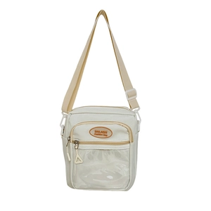 Cream canvas crossbody bag with adjustable strap and transparent PVC front pocket