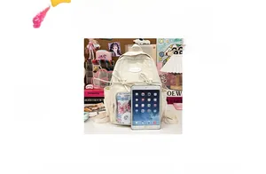 Detailed size comparison of a beige canvas backpack with an iPad for capacity reference