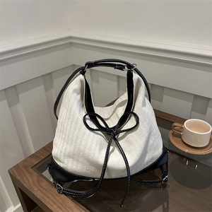 Contrast Canvas PU Leather Shoulder Bag Women Large Capacity Tote Bag Bow Detail Casual Hobo Bag School Commuter Handbag
