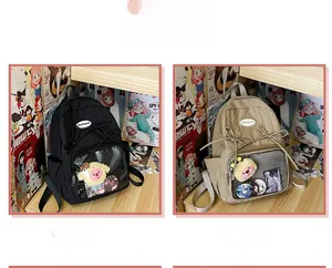 Detail view of Japanese ita school bags in black and khaki with transparent windows