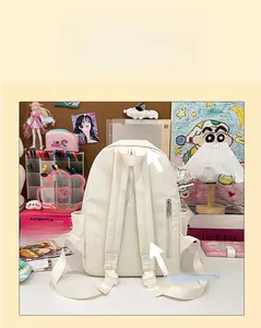 Padded adjustable shoulder straps and anti-theft back pocket on white canvas school bag