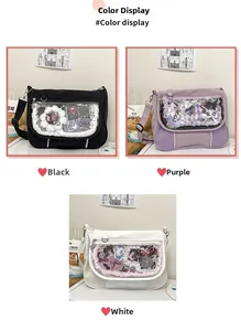 Detail view of Japanese Itabag in black, purple, and white colors with clear PVC windows