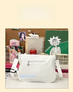 Close-up of the widened white shoulder strap and butterfly zipper on this crossbody bag