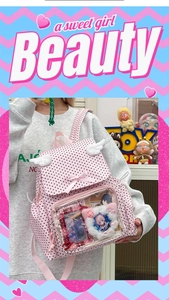 Detailed view of pink polka dot ita bag featuring angel wings and clear display pocket