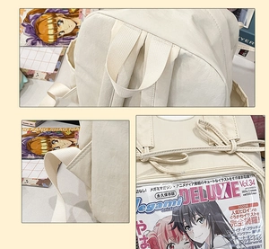 Detail of white Japanese school backpack showing bow decoration and reinforced stitching