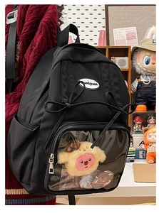 Close-up of Japanese ita bag with clear PVC window and cute decorative bow detail