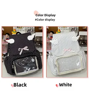 Detailed view of polka dot backpacks with transparent window and cute white wings