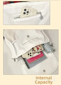 Detailed view of internal compartments and back zipper pocket on white Ita bag