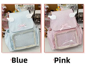 Detail view of polka dot backpacks with transparent window and decorative 3D wings