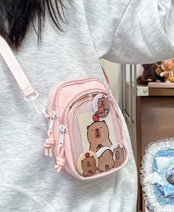 Close-up of pink canvas ita bag with transparent window and capybara badges decoration