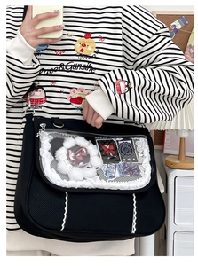 Close-up of black Ita bag with clear window, white lace trim and DIY badge display