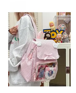 Pink polka dot Itabag detail showing wings, bow and clear window for accessories