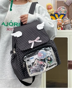 Polka dot canvas backpack featuring transparent display window and cute plush wings
