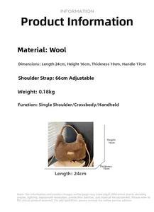 Brown faux fur bag dimensions 24x16x10cm showing adjustable strap and 17cm handle size