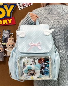 Detail of light blue polka dot ita bag with plush wings and transparent PVC display window