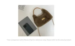 Brown plush hobo bag size comparison showing iPad and iPhone storage capacity