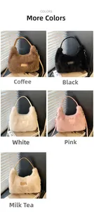 Detail view of plush faux fur shoulder bags in coffee, black, white, pink and milk tea colors