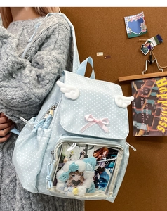 Detail view of the clear PVC window with cute anime cards on the polka dot ita bag