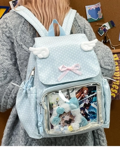 Detail of light blue polka dot backpack with angel wings and clear pocket for plushies