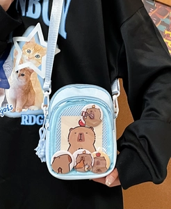Close-up of light blue ita bag with clear window and Capybara badges for DIY decoration