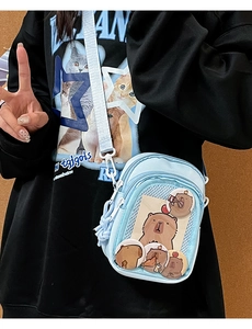 Detail of light blue Japanese ita bag showing transparent window with capybara badges