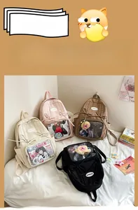 Detail view of ita bags in multiple colors with clear windows for pins and badges