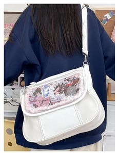 Detail of white ita-bag with clear window and pink lace DIY decoration for anime pins