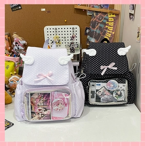 Detailed view of the clear PVC display window on a polka dot backpack for pins