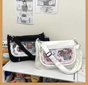 Detail view of transparent ita bag with decorative ruffles and customized interior