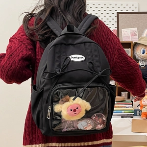 Japanese style black ita bag with clear window, bow decor and plush charms for school girls