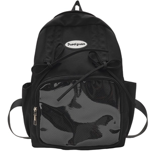 Japanese style black ita bag backpack with bow detail and clear PVC window for display
