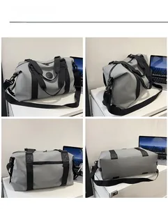 Detailed multi-angle views of gray waterproof Oxford cloth travel bag with reinforced straps