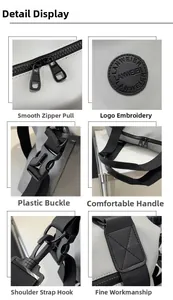 Detailed views of grey travel bag showing metal zippers, logo and durable buckles