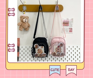 Detail view of mini Ita bags with transparent PVC windows and cute capybara badges