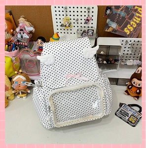 Detailed close-up of white polka dot backpack with wings and a transparent front pocket