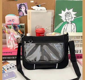 Detail of black ita bag with clear PVC window and sakura shaped metal zipper puller