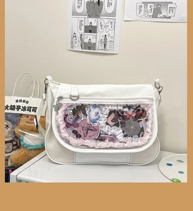 Detailed view of a white Ita bag with transparent window and butterfly zipper pull