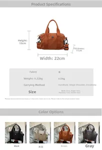 Detailed size chart for the nylon shoulder bag with strap and color options