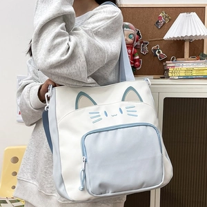 Cartoon Katze Canvas Tragetasche für Mädchen mit großer Kapazität und breiten Trägern