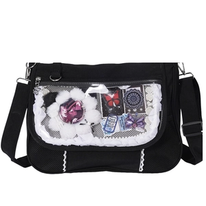 Detailed view of black canvas ita bag with clear window and lace trim for badges