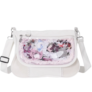 Detailed view of white PU ita bag featuring a transparent PVC window and pink lace trim