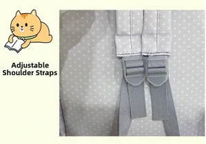 Detail of adjustable purple polka dot backpack straps with functional grey buckles